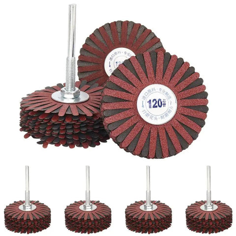 7 Pack Mounted Flap Wheel Set for Sanding and Polishing Wood and Metal Grit 80 to 400 mop wheels with 120 grit showing