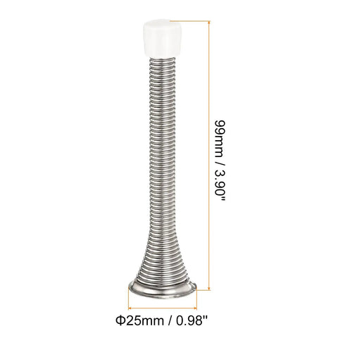 Six Pack Flexible Three And Three Quarter Inch Spring Door Stopper Set With Rubber Bumper And Screws Included For Bottom Of Door Keeps Walls Safe Durable Steel Nickel Finish front view