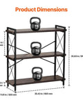Three Tier Vintage Industrial Metal Open Storage Bookcase Dope Freestanding Rustic Display Shelving Unit with dimensions shown.
