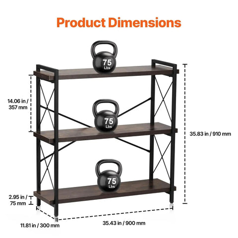 Three Tier Vintage Industrial Metal Open Storage Bookcase Dope Freestanding Rustic Display Shelving Unit with dimensions shown.