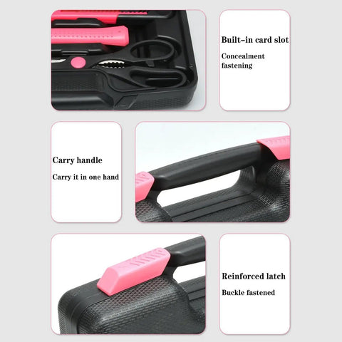 Close-up views of 39 Piece All Purpose Pink Tool Kit For Women With Toolbox Small Tool Set, handle and built-in card slot visible.