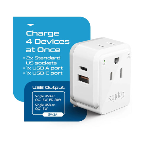 Worldwide Travel Plug Adapter Kit With Dual USB And USB C 3.1A, 20W QC PD, showing two US outlets and USB ports