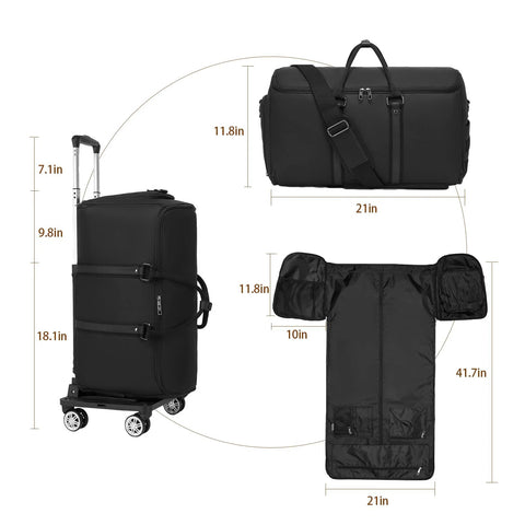 Seyfocnia black rolling garment bag with wheels and shoulder strap, carry-on with shoe compartment