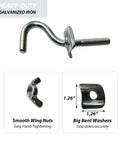 Heavy Duty Hammock Hook Replacement For Stands With 1.5 Or 1.66 Or 1.89 Inch Poles, Three Eighths Inch Shaft, Galvanized Iron, 500 Lb Capacity, Wing Screw Design, Tool Free Install, 2 Pack, showing smooth wing nuts and bent washers.