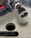 Power drill using Six Piece Diamond Hole Saw Kit For Granite Marble Porcelain Tile Stone Brick Vacuum Brazed Core Bits, drilling a hole