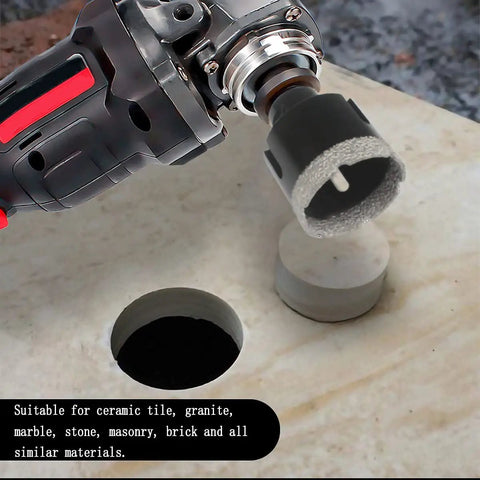 Power drill using Six Piece Diamond Hole Saw Kit For Granite Marble Porcelain Tile Stone Brick Vacuum Brazed Core Bits, drilling a hole