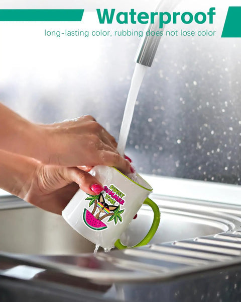 Glossy White Sublimation Sticker Paper 30 Sheets 8.5x11 Waterproof For Inkjet Printers And Heat Transfer on a mug in sink
