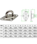 Diagram and size chart of Pad Eye Plate Hook Set Four Pieces For Suspension Ceiling Hangers And Wall Mounts Marine Grade 6mm Stainless Steel Anchor Points.
