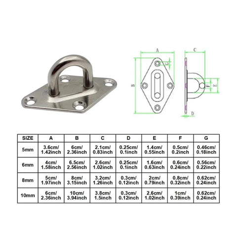 Diagram and size chart of Pad Eye Plate Hook Set Four Pieces For Suspension Ceiling Hangers And Wall Mounts Marine Grade 6mm Stainless Steel Anchor Points.