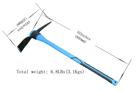35 Inch Forged Heavy Duty Adze Pick Mighty Pickaxe Mattock Tool With Beveled Edge shown with fiberglass handle and dimensions