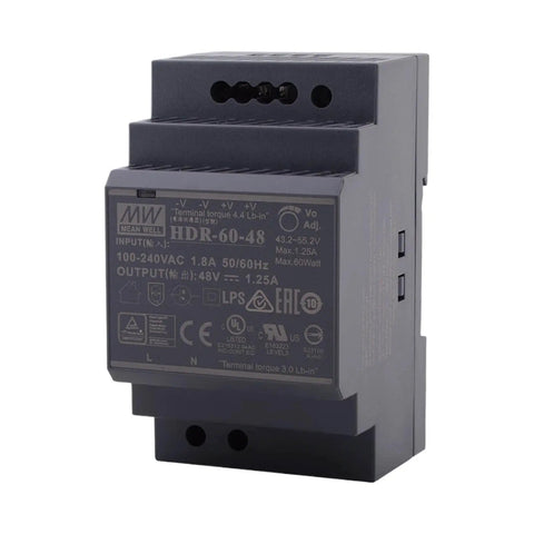 Straight Up Heavy Duty 60 Watt 48 Volt Din Rail Switching Power Supply With Adjustable Output mounted on a gray enclosure.