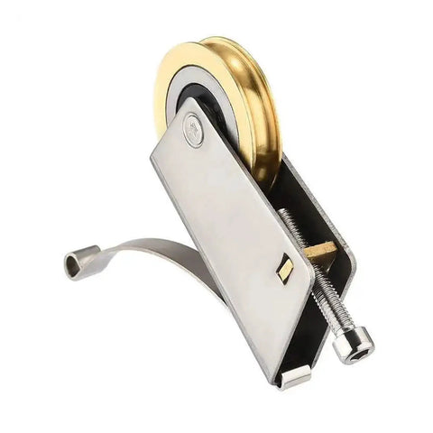 Top Shelf Stainless Steel Stem Casters Featuring Double Copper Wheel Bearings For Smooth Sliding Door Window And Shower Track Replacement Heavy Duty Furniture Hardware Set Of 4, close-up of brass wheel bearing in stainless steel casing.