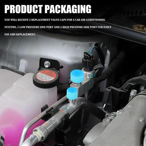Keep Things Chill Under The Hood With These Tight Sealing Car AC Valve Caps Crafted For R134a Systems, showing blue valve caps on AC service ports.