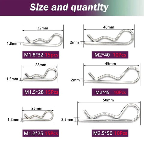 Size chart of 75 Pcs Hitch Pin Clips R Clips Set With 6 Sizes M1.2x21 to M2.5x50 Heavy Duty Zinc Plated Retainer Pins