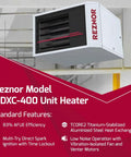 Top Shelf Ruggedly Built 400K BTU Propane Garage Heater With Forced Air Blower For Workshop Warehouses And Commercial Shed Solutions Crank Up The Heat Indoors mounted above with digital controls.
