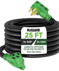 50 Amp 25 Foot RV And EV Extension Cord With NEMA 14 50P Connectors For Level 2 EV Charging And RV Hookups 6250 Watt At 125 Volt And 12500 Watt At 250 Volt Durable Heavy Duty, coiled with green plugs