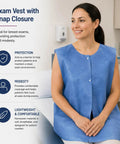 American Heavy Duty Nonwoven Exam Vests Featuring No Sweat Snap Closure 31X24 Inches Blue White Medical Cape Bulk Case Of 75 Clinic Ready on model.