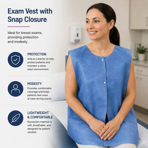 American Heavy Duty Nonwoven Exam Vests Featuring No Sweat Snap Closure 31X24 Inches Blue White Medical Cape Bulk Case Of 75 Clinic Ready on model.