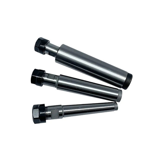 Top Tier Morse Taper Tool Holder Collet Chuck With Straight Rod Handle For Heavy Duty Drilling And Milling ER11 ER16 ER20 ER25 ER32 MT1 MT2 MT3 4 5 Spindle 3 collet chucks of different sizes in silver metal finish