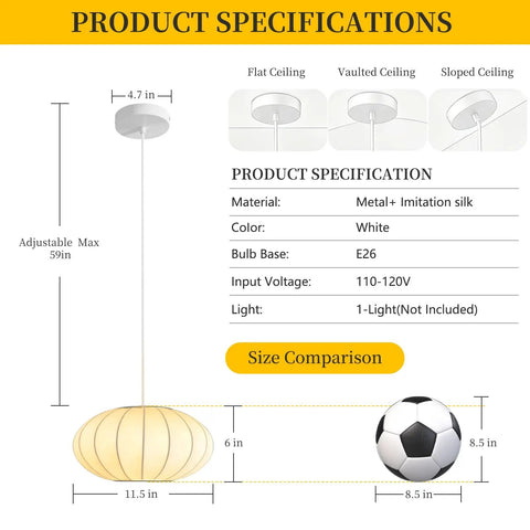 Product specifications for 11.5in Small Lantern Pendant Light, White Imitation Silk Bubble lamp with size comparison.