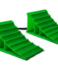 Heavy Duty Wheel Chocks Built Tough To Lock Your Rig Down Non Slip Safety Blocks For Rvs Trucks Trailers Campers Cars And Boats High Density Polypropylene Pair, green chocks with grooved tread.