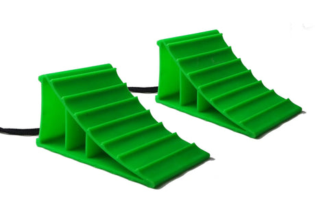 Heavy Duty Wheel Chocks Built Tough To Lock Your Rig Down Non Slip Safety Blocks For Rvs Trucks Trailers Campers Cars And Boats High Density Polypropylene Pair, green chocks with grooved tread.