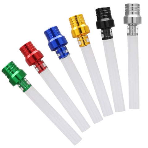 Six Pack Gas Cap Vent Tube Kit For Motorcycles And ATVs Aluminum Breather Hose Six Color Set shown in red, blue, gold, black, and silver.