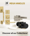 Assorted door handles and locks in various finishes displayed on white platforms