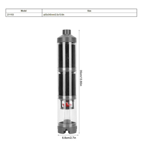Ultra Quiet Submersible Aquarium Pump With Three Stage Filtration For Backyard Ponds And Hydroponics Systems Energy Efficient Water Circulation Kit for Crystal Clear Water shown with dimensions and black filter sections