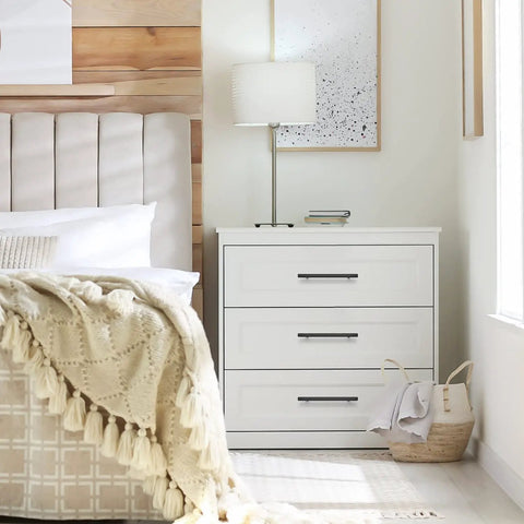 White dresser with Matte Black Cabinet Pulls 30 Pack 6 1 Quarter Inch Cabinet Handles in a modern bedroom setup.