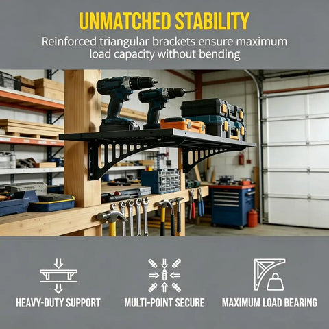 Heavy Duty Garage Wall Shelves Set Four Pack 1.4 X 4 Ft Black Metal With Hooks For Tools Storage Rugged Steel Wall Organizer Racks To Free Floor Space And Keep Your Workshop Neat, black metal shelf with tools in garage