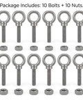 Next Level 3 8 By 6 Inch 304 Stainless Steel Shoulder Eye Bolts 10 Pack Full Machine Thread Bundle With Matched Nuts displayed in rows.