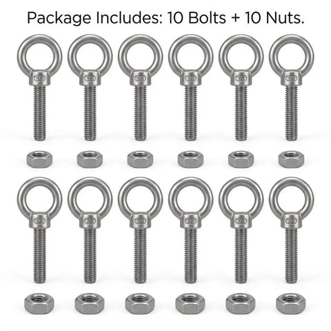 Next Level 3 8 By 6 Inch 304 Stainless Steel Shoulder Eye Bolts 10 Pack Full Machine Thread Bundle With Matched Nuts displayed in rows.