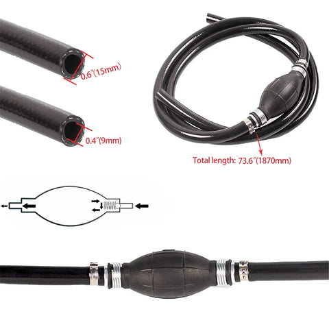 3/8 Inch Nylon Braided Marine Fuel Hose Line With Primer Bulb, 6 Feet, Ethanol Compatible, Low Permeation Fuel Line Assembly
