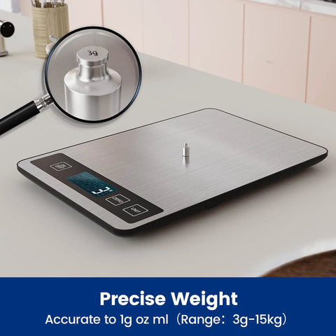 Home Chef Friendly Digital Kitchen Scale With 33 Lb Capacity, USB Rechargeable, showing precise 1 g and 0.03 oz readings