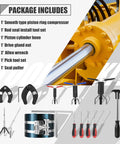 All In One Hydraulic Cylinder Repair Kit Pro Grade with gland nut wrench, seal twistor tools, piston hone, and tool set.