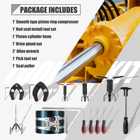 All In One Hydraulic Cylinder Repair Kit Pro Grade with gland nut wrench, seal twistor tools, piston hone, and tool set.