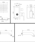 Diagram of Slick Brushed Nickel Shower Faucet With Tub Spout Rainfall System Wall Mount Set dimensions and components.