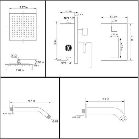 Diagram of Slick Brushed Nickel Shower Faucet With Tub Spout Rainfall System Wall Mount Set dimensions and components.