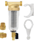 Whole House Spin Down Sediment Water Filter For City Or Well Water With Forty Micron Reusable And Flushable Prefilter No Nonsense Three Quarter Inch And One Inch Connections Lead Free Brass BPA Free, showing brass fittings and mounting tools.