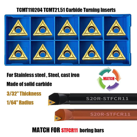 20pcs Pro Grade Carbide Turning Inserts TCMT110204 TCMT21.51 With TISIN Coating in blue case, suitable for CNC lathe and boring bars.