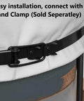 Close-up of a 20 Inch Diameter 30 Micron Dust Filter Bag attached with a black band clamp on a workshop dust collector.