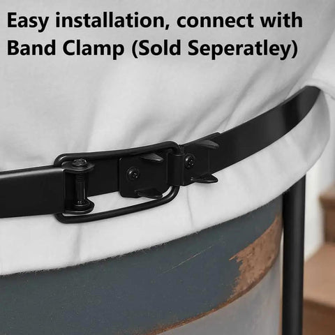 Close-up of a 20 Inch Diameter 30 Micron Dust Filter Bag attached with a black band clamp on a workshop dust collector.