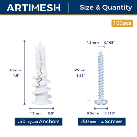 Size Eight Self Drilling Drywall Anchors Kit 100 Piece Heavy Duty Plastic Hangers With 50 Self Tapping Screws dimensions chart
