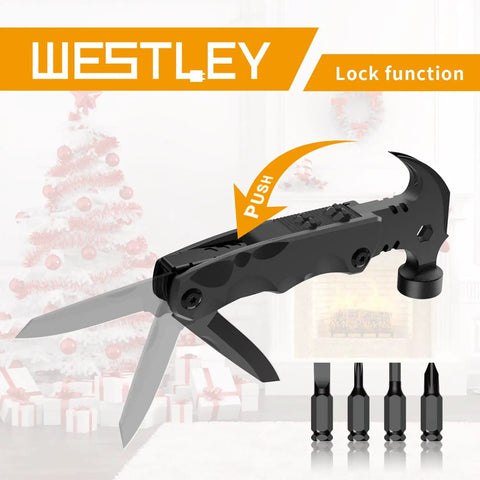 15 in 1 Survival Multitool with Magnetic Screwdriver Heads Locking 180 Degree Gear showcased with Christmas tree background