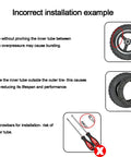 Incorrect installation examples for Durable 12.5X2.25 Inner Tube With Angled Valve Stem, showing wrong inflation methods.
