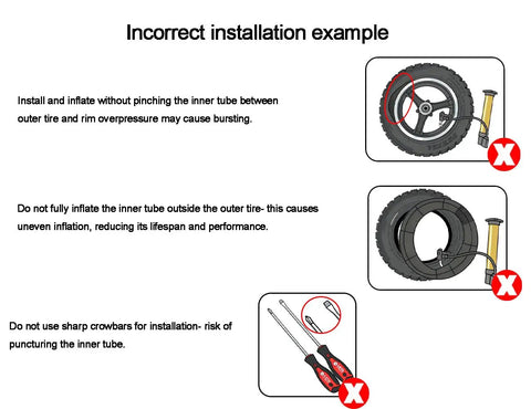 Incorrect installation examples for Durable 12.5X2.25 Inner Tube With Angled Valve Stem, showing wrong inflation methods.