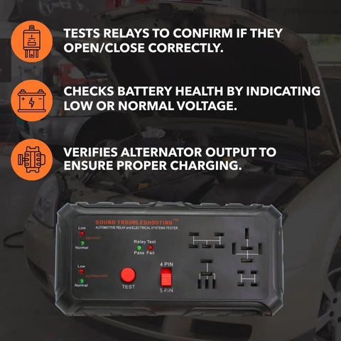 12V Automotive Relay Tester Kit With Battery And Alternator Check, Tests 4 And 5 Pin Relays, relay tester with car engine background