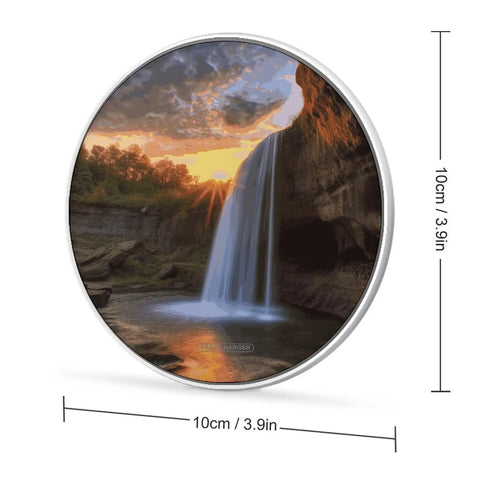 10W Fast Wireless Charger Pad Ultra Slim Portable Charging Station featuring a sunset waterfall design, 3.9 inches wide