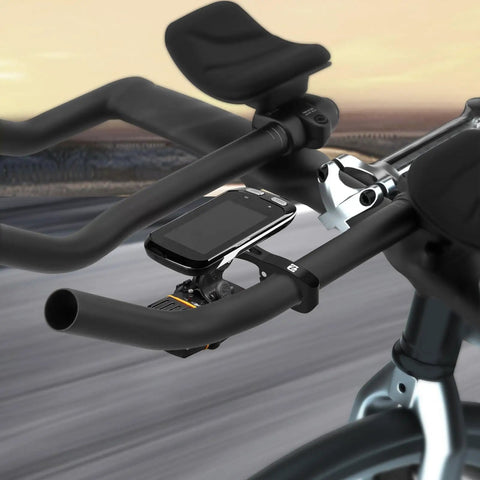 Aero Bar Bike GPS Mount With GoPro Adapter for 22.2mm and 22.4mm Handlebars shown on a bicycle with integrated accessories.